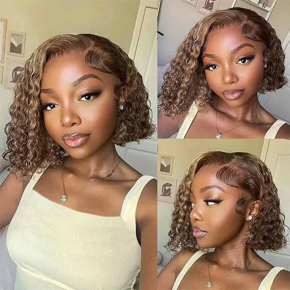 Perruque Bob Courte Deep Wave Lace Frontale 13x4 Blonde Miel P4/27 – CLEVI Paris