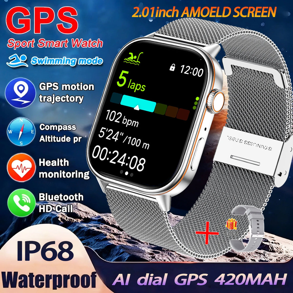 Montre GPS QX17 AMOLED 2,01″ sport – CLEVI Paris