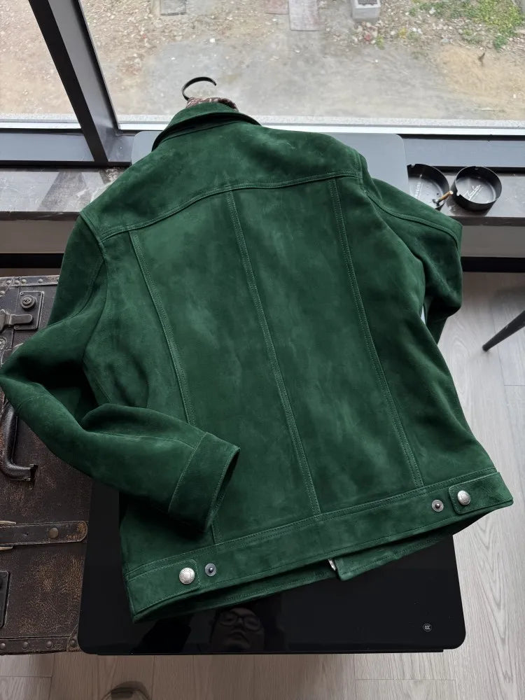 Blouson homme vert aspect daim à col rabattu – CLEVI Paris