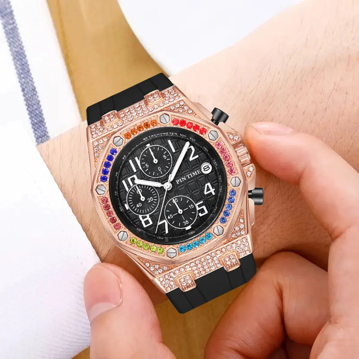Montre Quartz Diamants Calendrier PINTIME Homme 3 Cadrans – CLEVI Paris