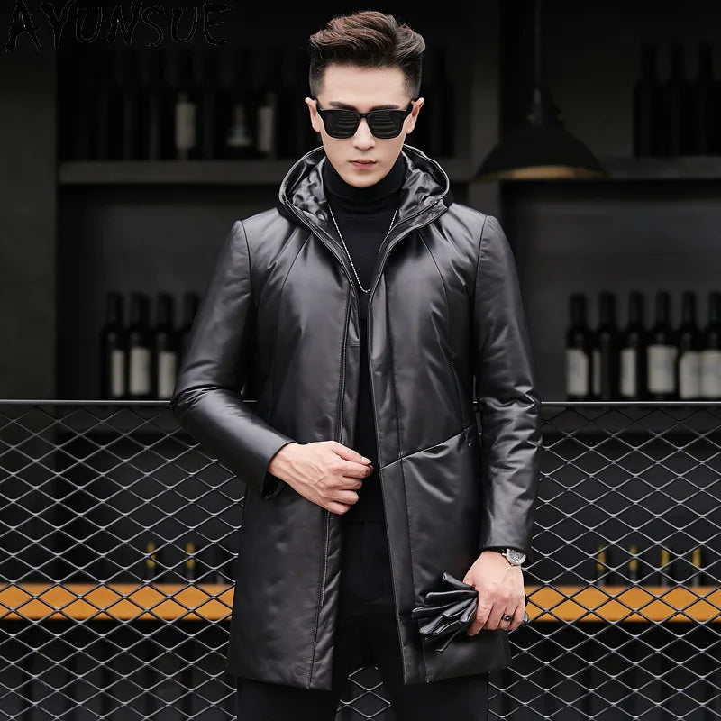 Manteau mi-long homme en cuir à capuche – CLEVI Paris