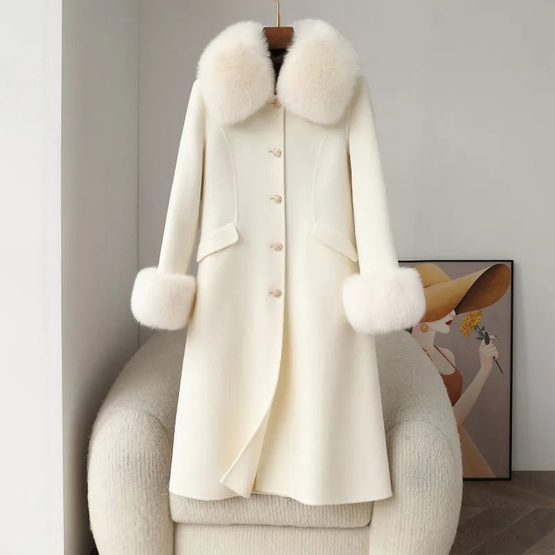 Manteau long femme en laine à col duveteux – CLEVI Paris