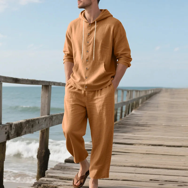 Ensemble Homme Chemise Lin Col V Manches 3/4 + Pantalon Cordon Casual Plage Été 8 Coloris – CLEVI Paris