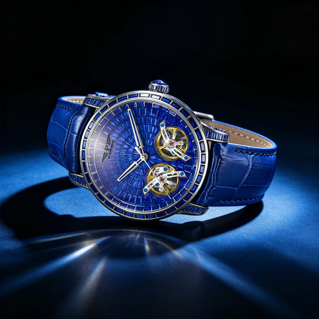 Montre Homme Automatique Double Volant Tourbillon Serti Diamants Saphir Cuir Pindu PD6656 – CLEVI Paris
