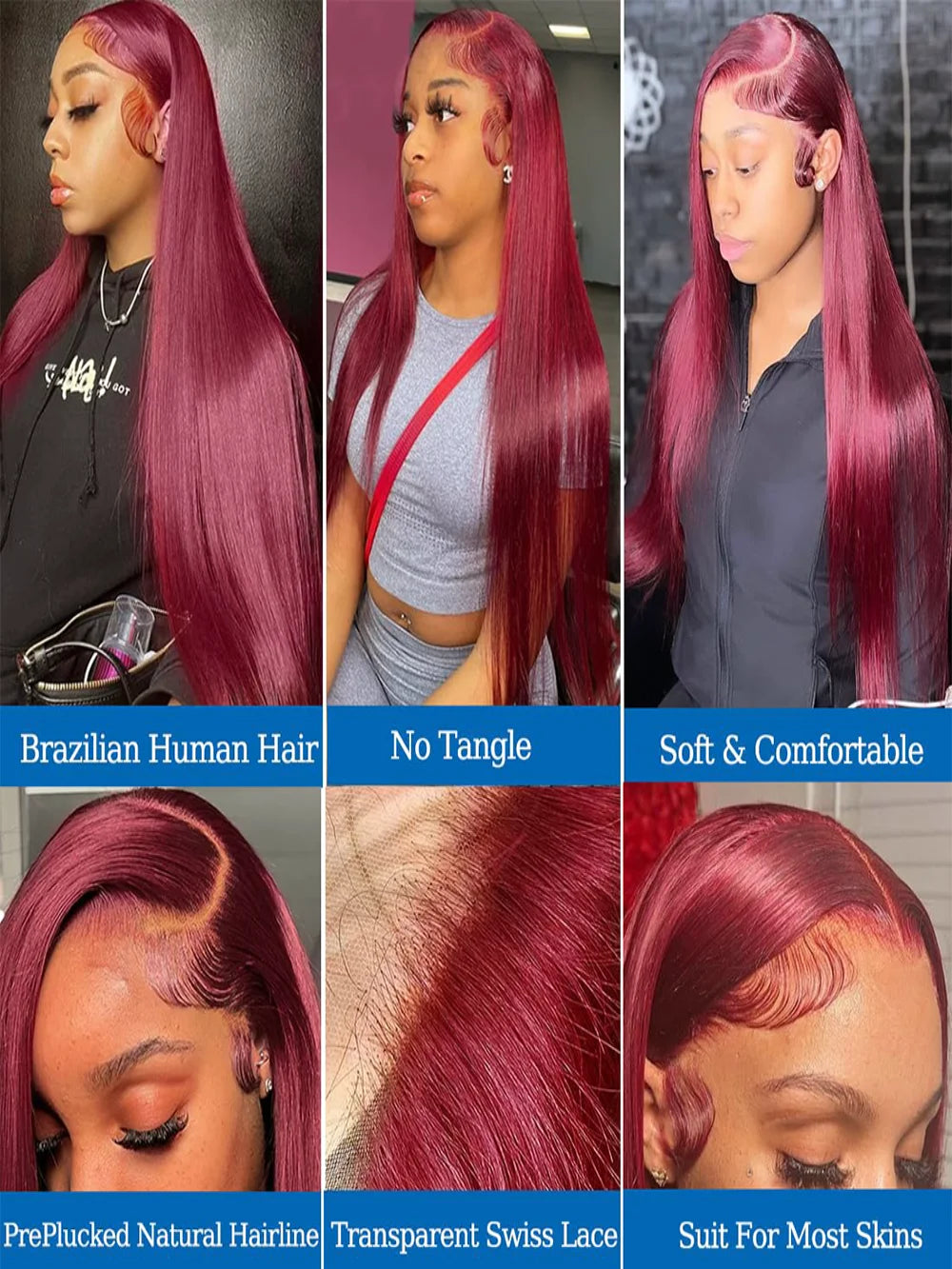 Perruque Lace Front HD 99J Bordeaux Cheveux Remy Lisse – CLEVI Paris