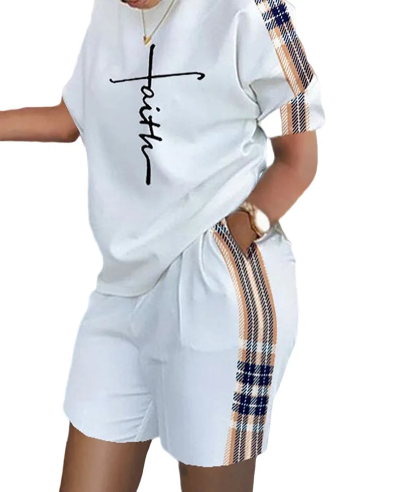 Ensemble 2 Pièces Femme T-Shirt Col Rond Imprimé Manches Courtes + Pantalon Crayon Taille Élastique Office Lady Casual 17 Coloris – CLEVI Paris