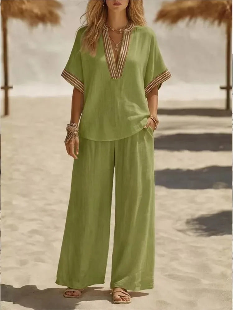Ensemble femme col V et pantalon ample – CLEVI Paris