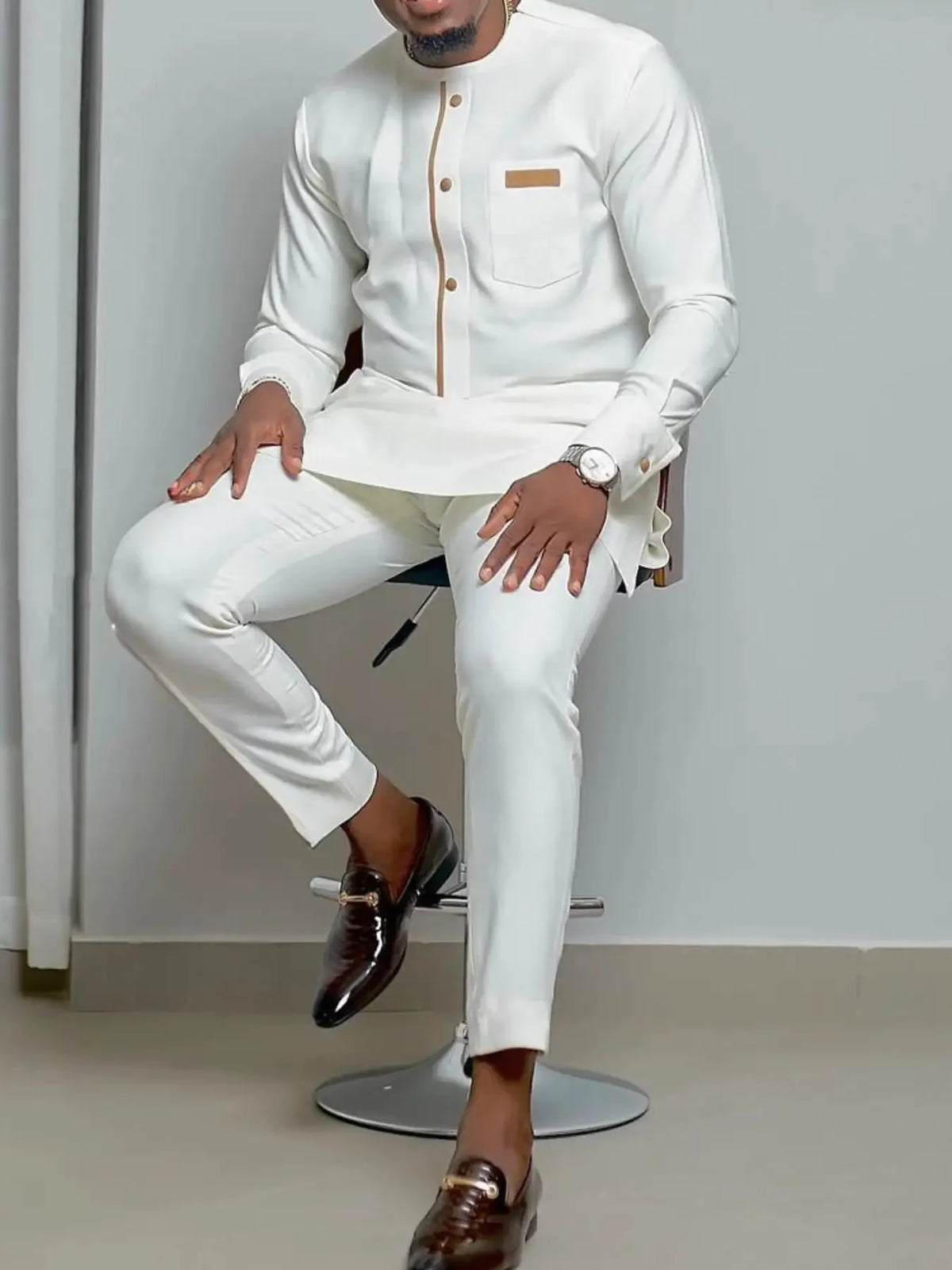 Ensemble Kaftan Homme 2 Pièces Broderie Manches Longues Col Rond + Pantalon Cordon Style Africain Mariage M-4XL – CLEVI Paris