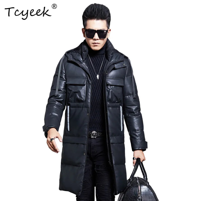 Manteau homme cuir et duvet d’oie à capuche – CLEVI Paris