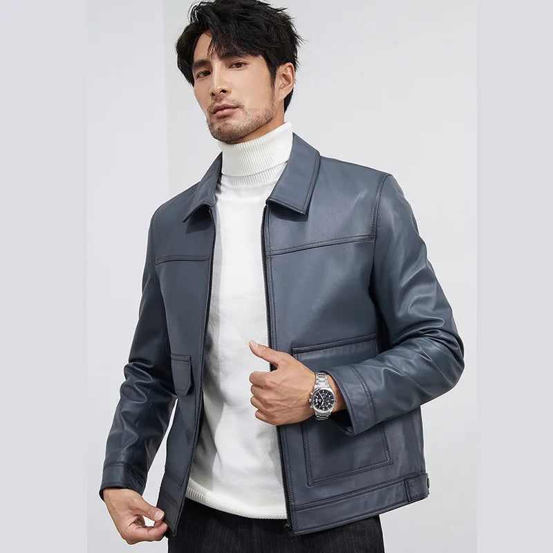 Blouson homme en cuir bleu à poches à rabat – CLEVI Paris