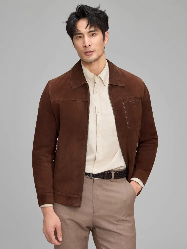 Blouson homme marron aspect daim zippé – CLEVI Paris
