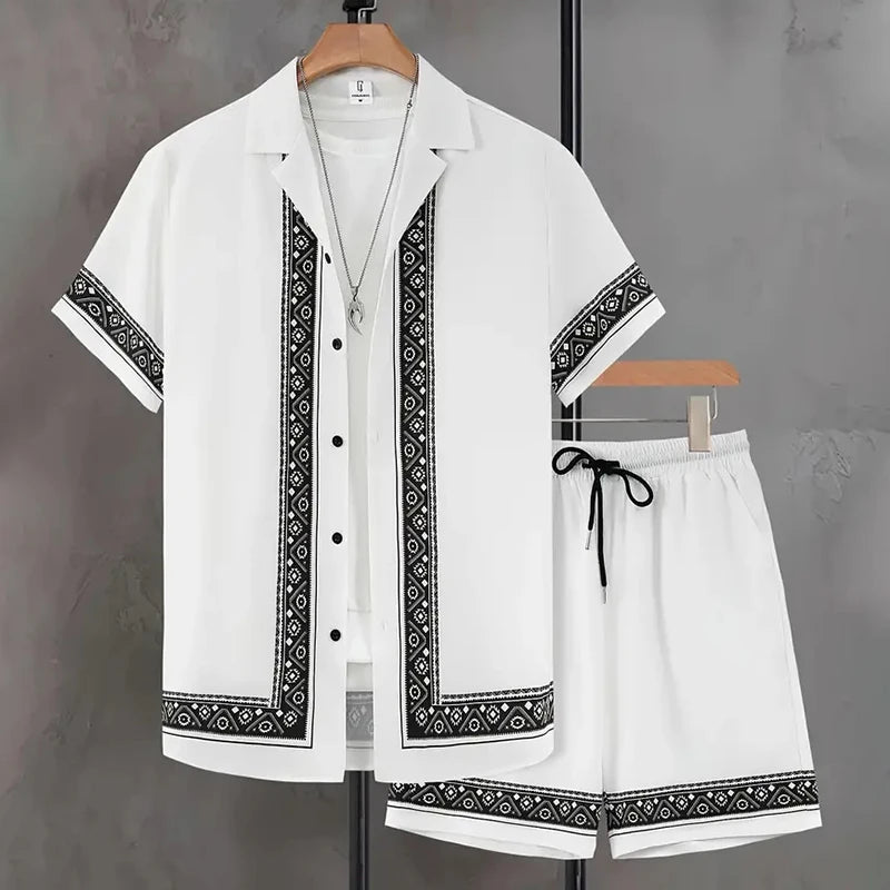 Ensemble 2 Pièces Homme Chemise Manches Courtes Col Cranté Imprimée Boutonnée + Short Cordon Style Hawaïen Beach Rétro Grande Taille – CLEVI Paris