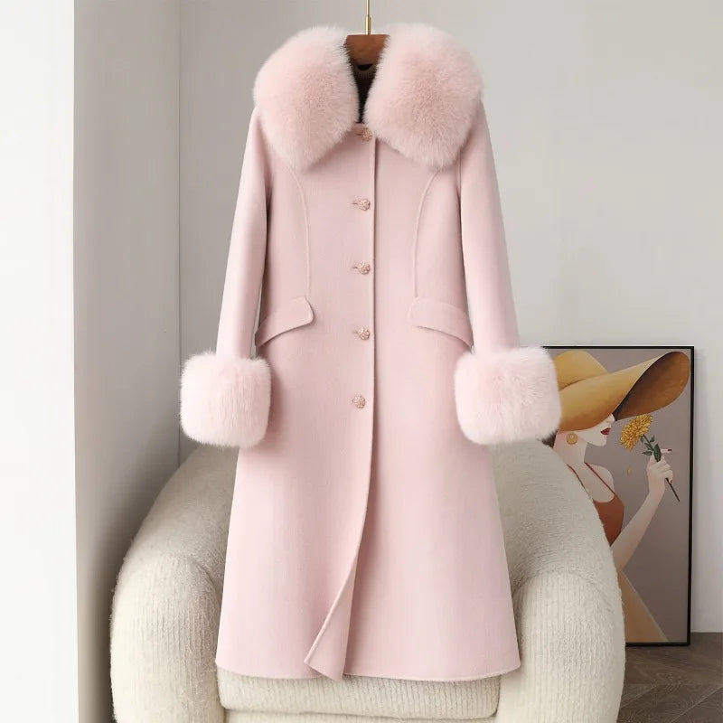 Manteau long femme en laine à col duveteux – CLEVI Paris