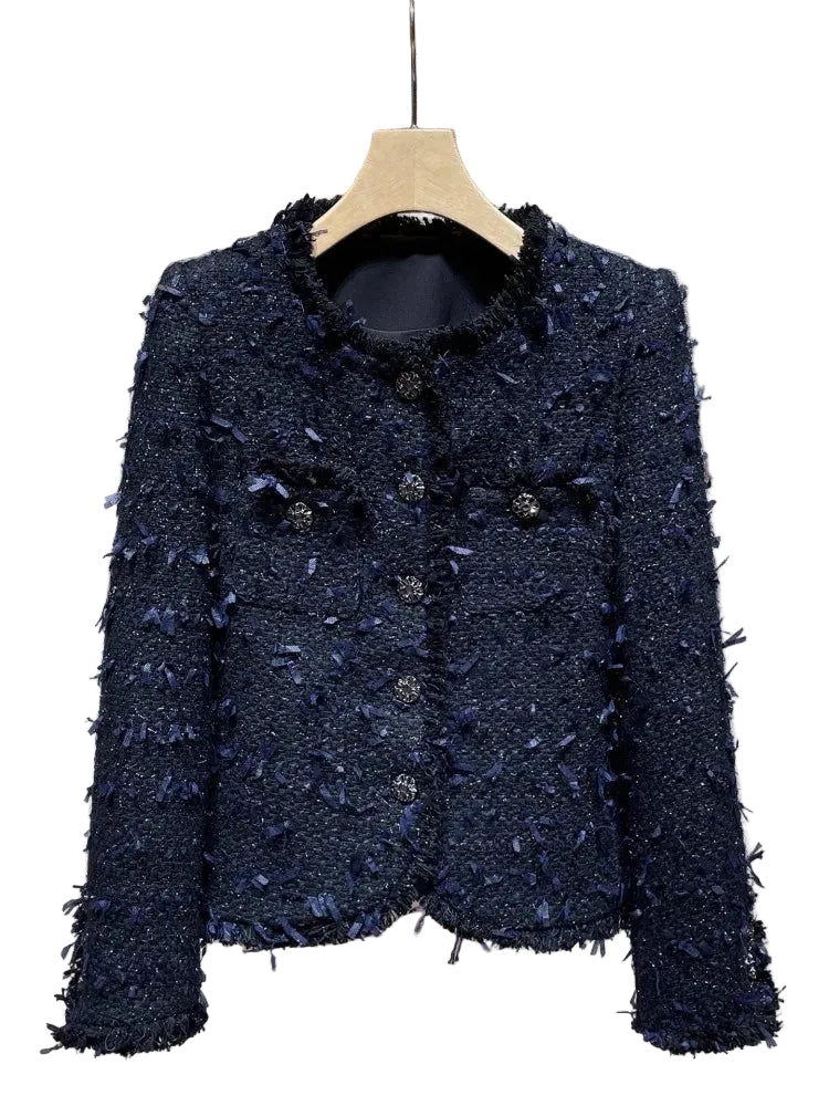 Veste femme en tweed bleu à col rond – CLEVI Paris