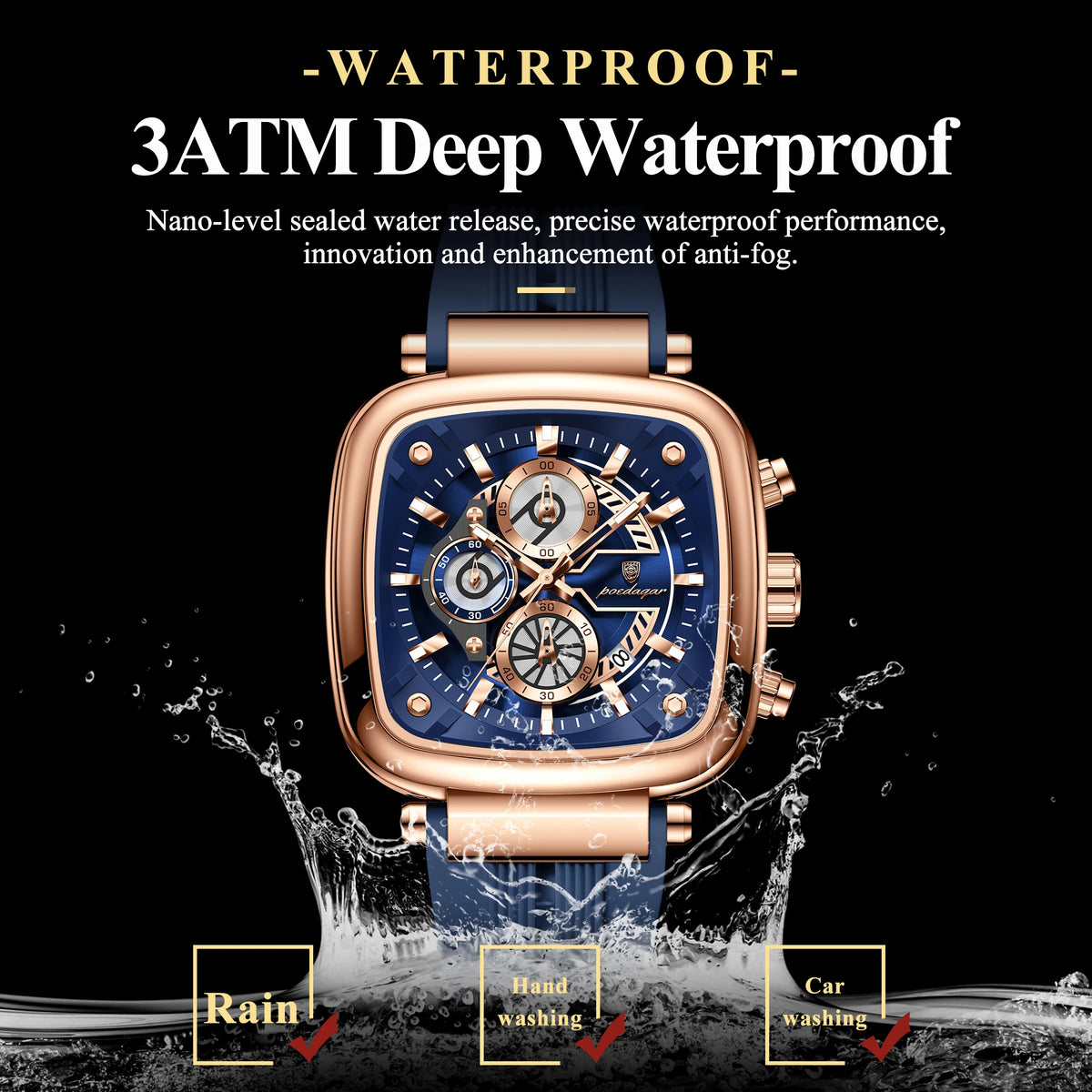 POEDAGAR 849 Montre Homme Quartz Carrée Chronographe Silicone Lumineux 30M – CLEVI Paris