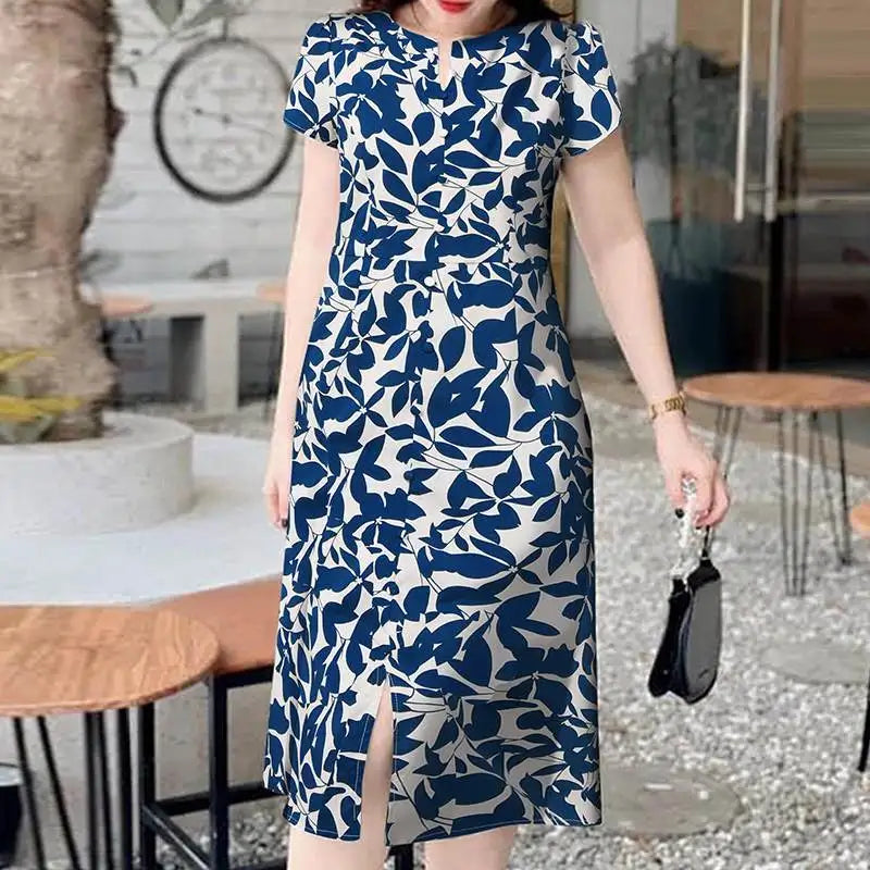Robe Femme Col V Imprimé Feuilles Vintage Manches Courtes Fente Mi-Mollet – CLEVI Paris