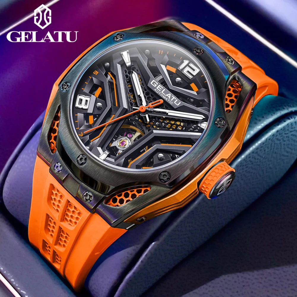 GELATU Montre Automatique Homme Squelette Tonneau Saphir Silicone Étanche 5ATM – CLEVI Paris