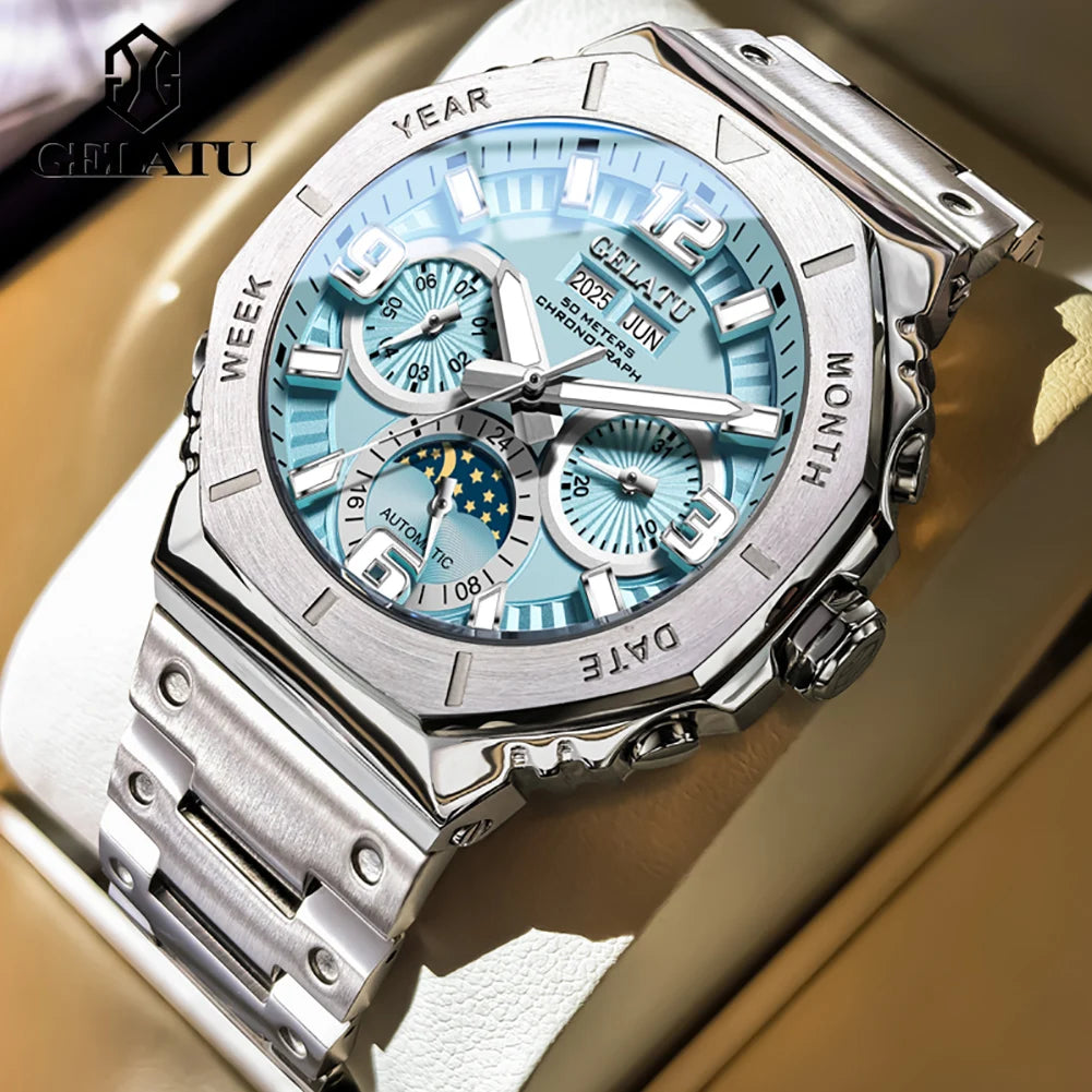 GELATU 6030 Montre Homme Automatique Phase de Lune Saphir Acier 316L 50M – CLEVI Paris