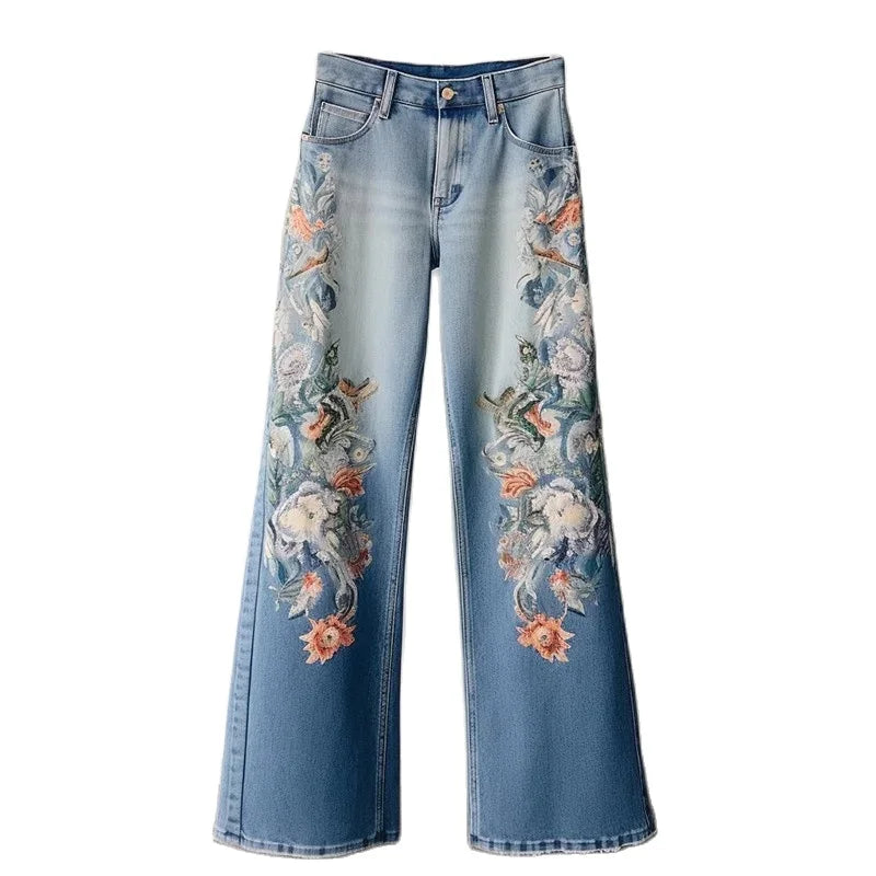 Jean Femme Flare Brodé Taille Mi-Haute Denim Casual Automne Hiver – CLEVI Paris