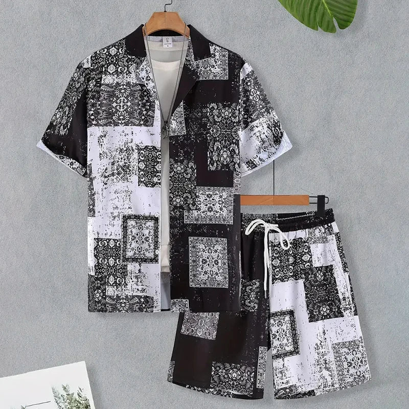 Ensemble 2 Pièces Homme Chemise Manches Courtes Col Cranté Imprimée Boutonnée + Short Cordon Style Hawaïen Beach Rétro Grande Taille – CLEVI Paris