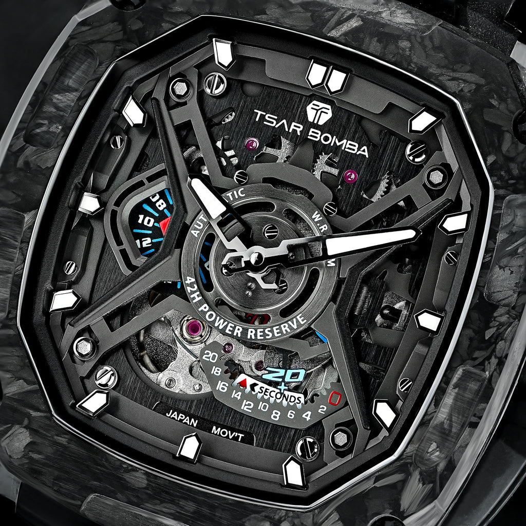 Montre Homme Mécanique Automatique Squelette Fibre de Carbone Verre Saphir Étanche 50m – CLEVI Paris