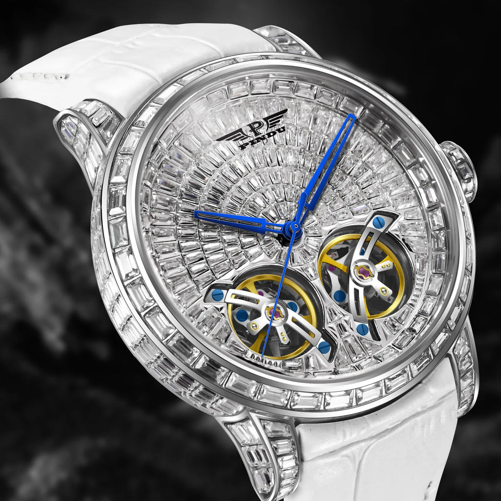 Montre Homme Automatique Double Volant Tourbillon Serti Diamants Saphir Cuir Pindu PD6656 – CLEVI Paris
