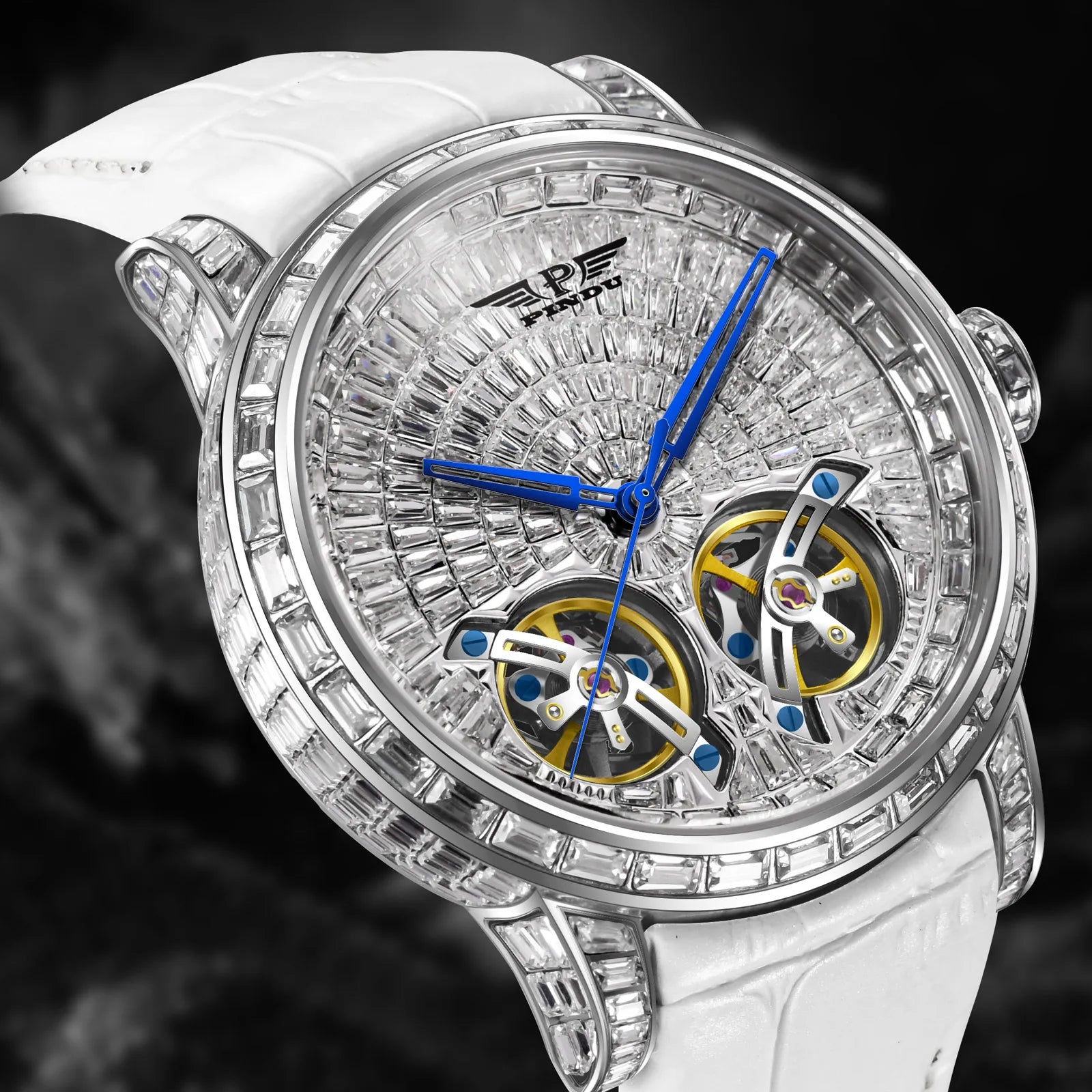 Montre Homme Automatique Double Volant Tourbillon Serti Diamants Saphir Cuir Pindu PD6656 – CLEVI Paris