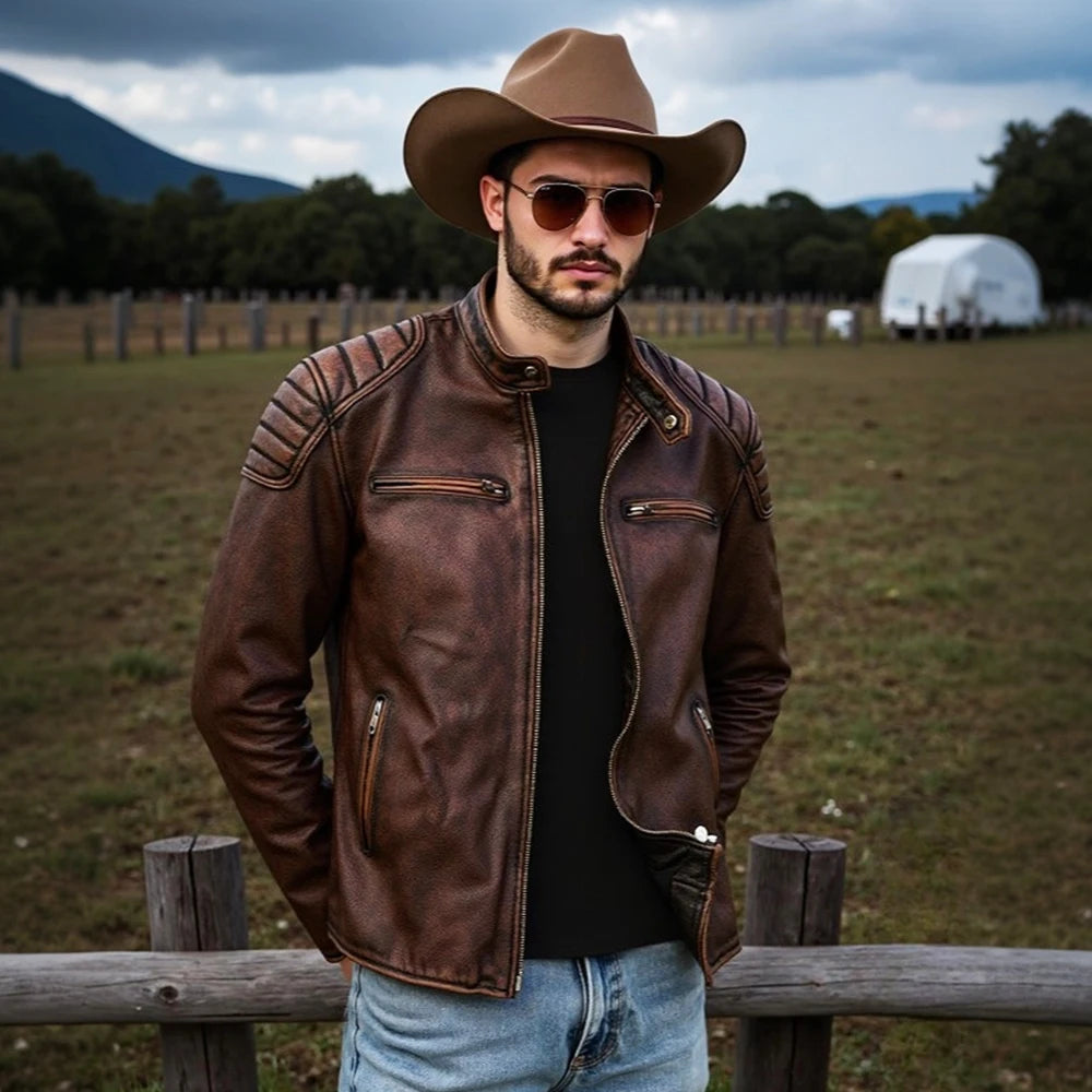 Blouson homme en cuir de vache, col montant – CLEVI Paris