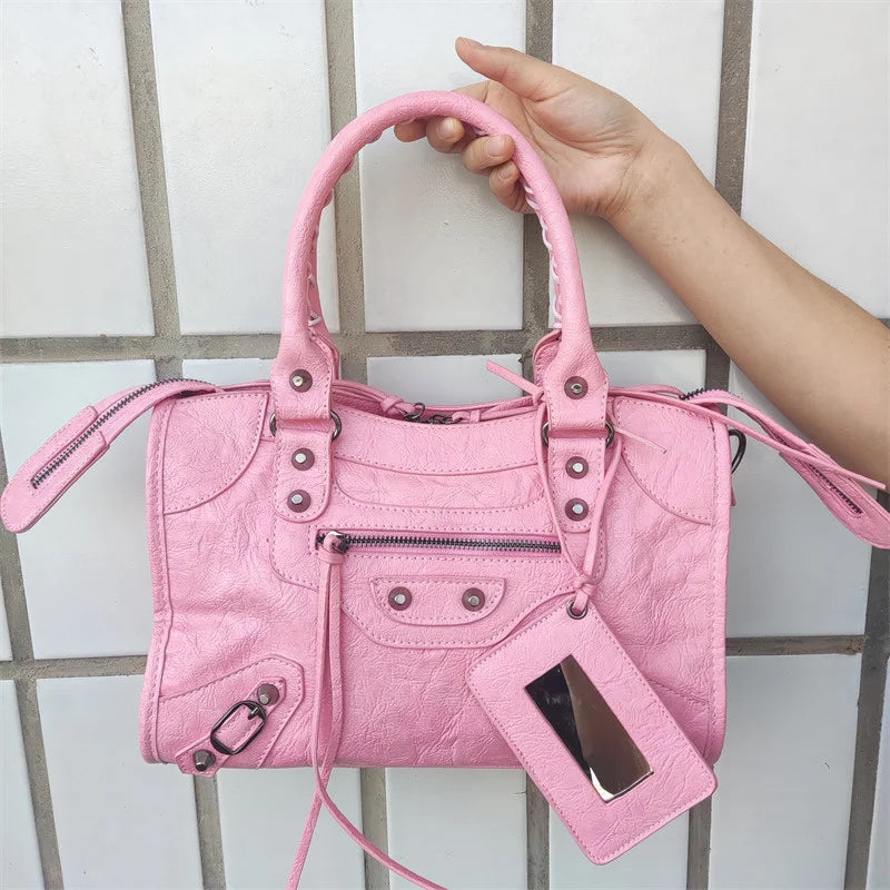 Sac À Main PU Froissé Rivets Femme Miroir & Pompon 4 Tailles – CLEVI Paris
