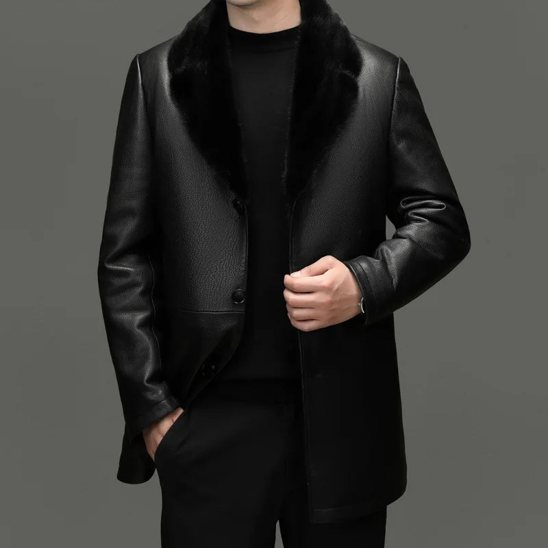 Manteau mi-long homme en cuir noir zippé – CLEVI Paris