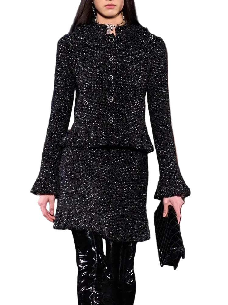 Veste ou jupe femme en tweed noir à volants – CLEVI Paris