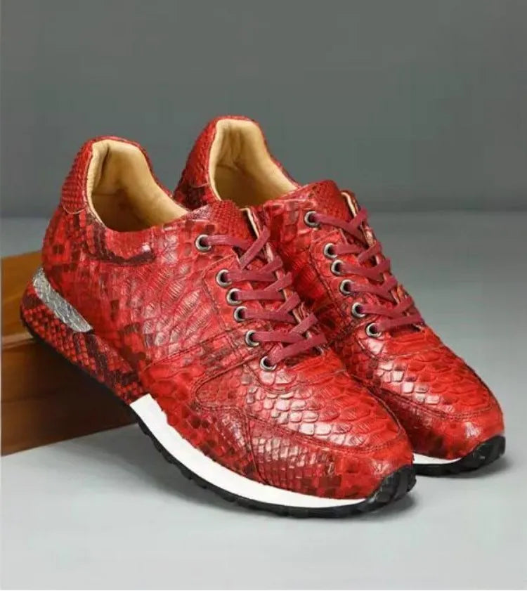 Sneakers Homme Cuir Snakeskin Lacets Plateforme Rouge – CLEVI Paris