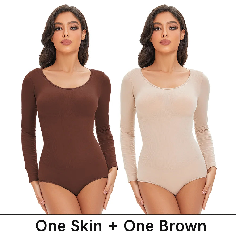 Gaine Gainante Femme Bodysuit Manches Longues Col Rond Sans Couture Contrôle Ferme Entrejambe Ouvert Minceur S-XXL – CLEVI Paris