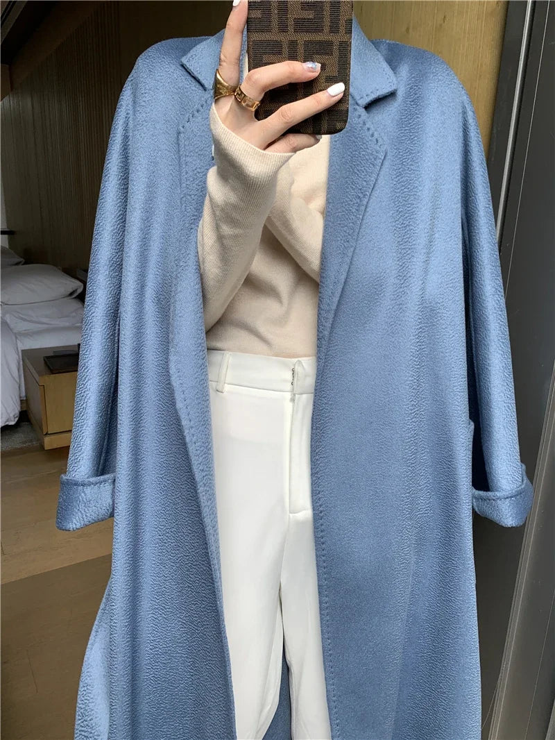 Manteau long femme en laine à ceinture – CLEVI Paris