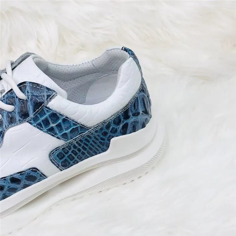 Sneakers Marche Cuir Crocodile & Vachette Homme Blanc Bleu – CLEVI Paris