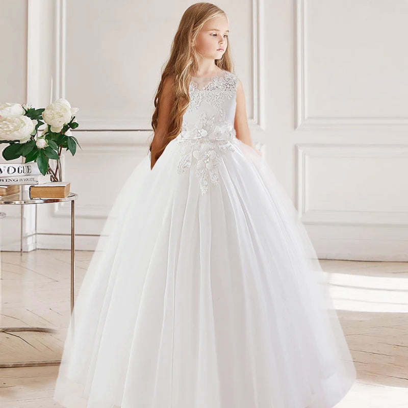 Robe longue fille en blanc à appliqués – CLEVI Paris