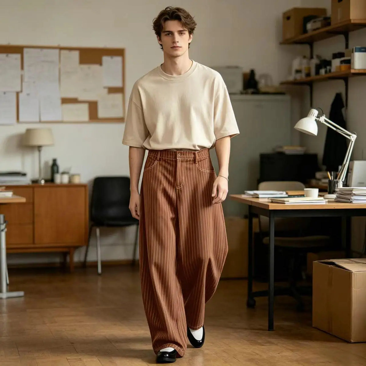 Pantalon homme rayé taille haute coupe large – CLEVI Paris