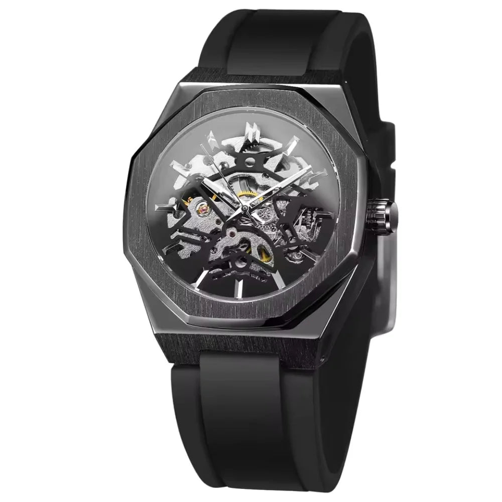 BLUO Montre Homme Automatique Squelette Octogone Acier Silicone 30M – CLEVI Paris