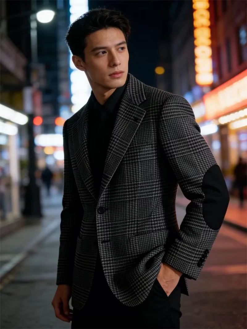 Blazer Homme Tweed Carreaux Rétro Slim Fit Patches Coudes Bureau Casual – CLEVI Paris