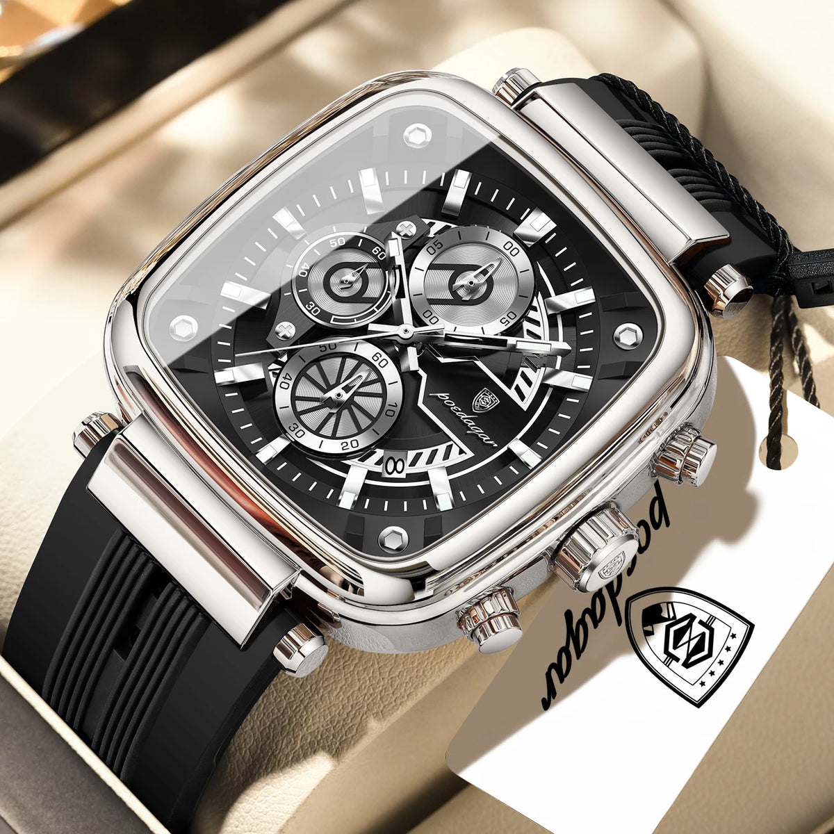 POEDAGAR 849 Montre Homme Quartz Carrée Chronographe Silicone Lumineux 30M – CLEVI Paris