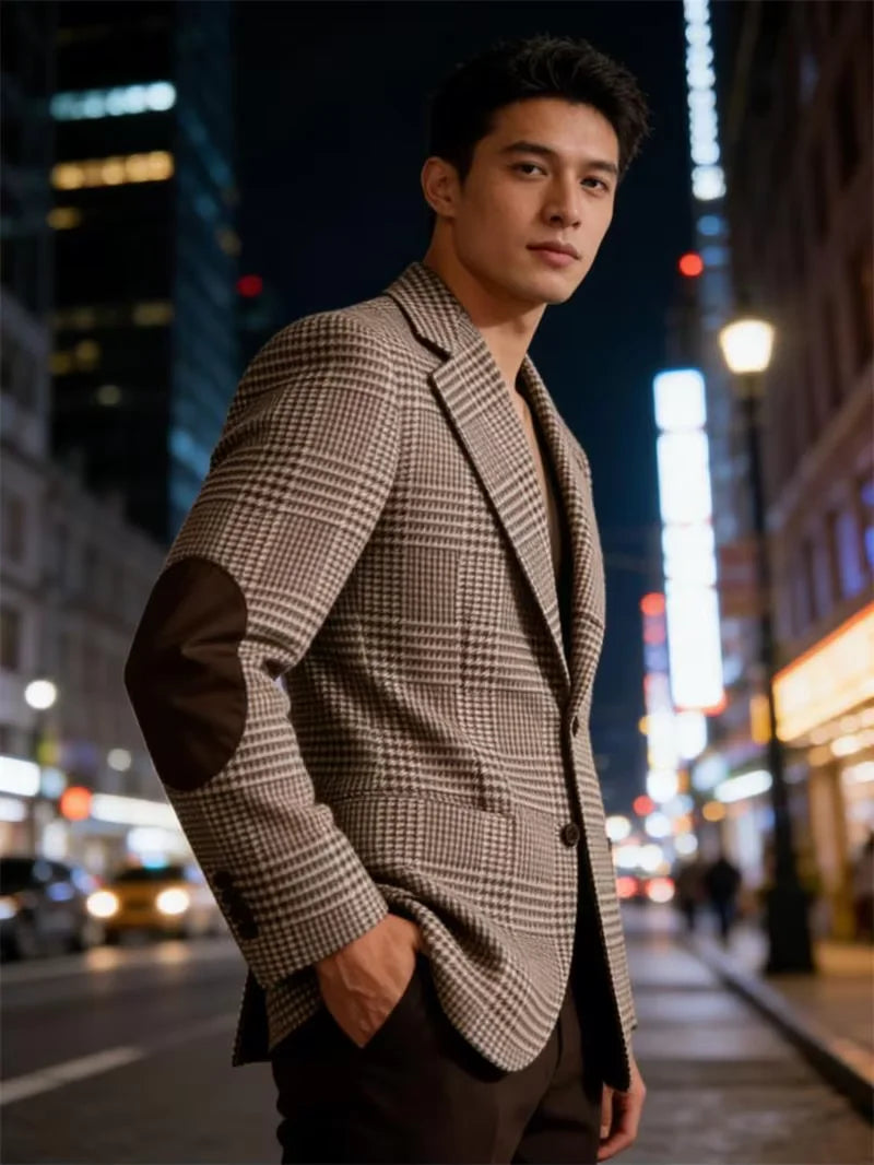 Blazer Homme Tweed Carreaux Rétro Slim Fit Patches Coudes Bureau Casual – CLEVI Paris