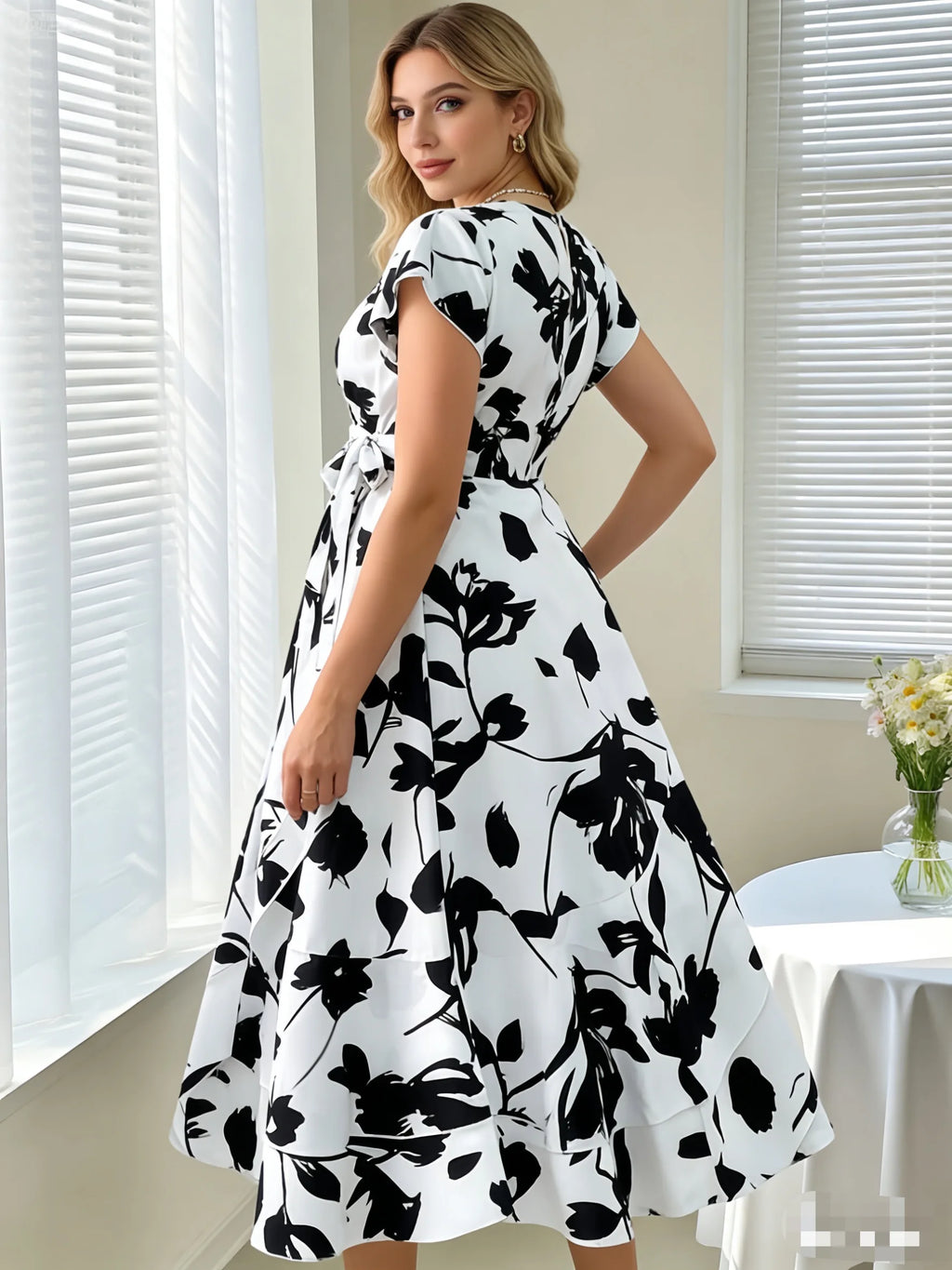 Robe Midi Portefeuille Grande Taille Femme Florale Noir & Blanc Col V Nœud – CLEVI Paris