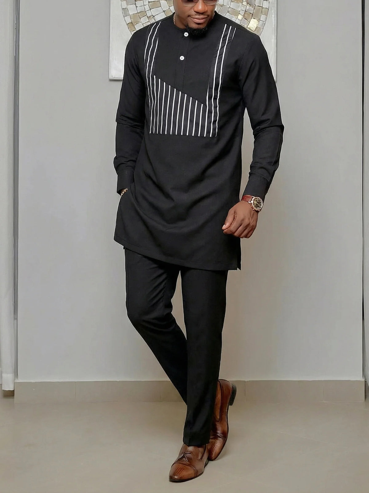 Kaftan Homme 2 Pièces Brodé Floral Col Mao Manches Longues + Pantalon Élastique Style Africain Mariage M-4XL – CLEVI Paris