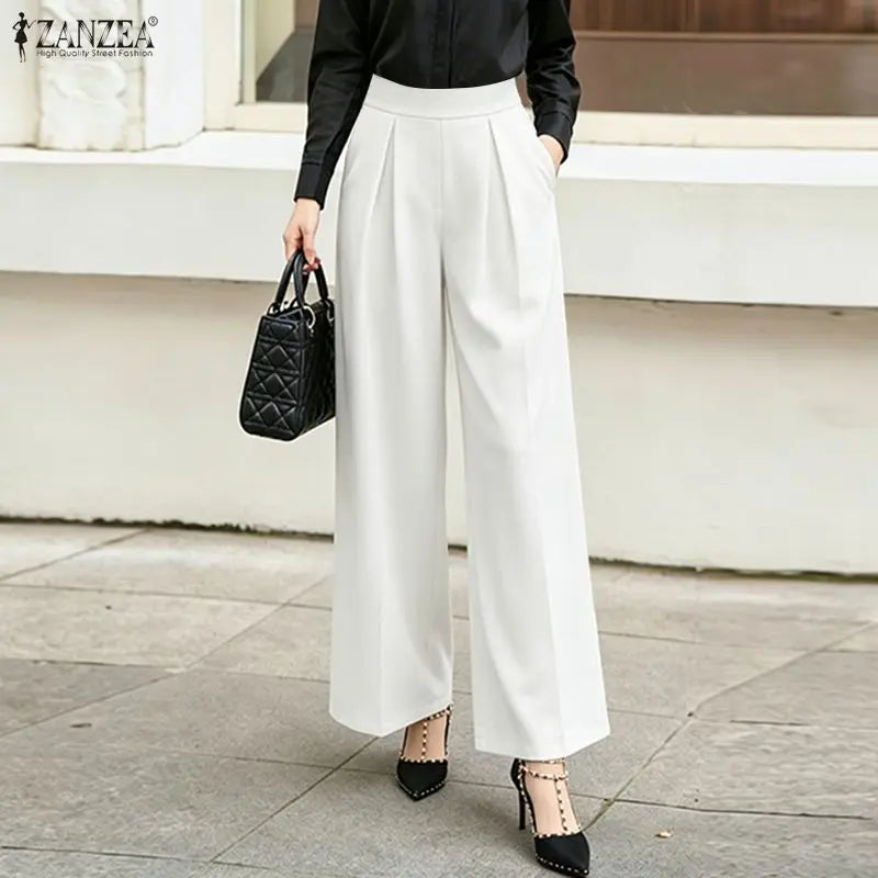 Pantalon Femme Taille Haute Élastique Plis Inversés Jambe Large Bureau Casual – CLEVI Paris