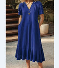 Robe Femme Col V Lacets Manches Courtes Couleur Unie A-line Mi-Mollet – CLEVI Paris