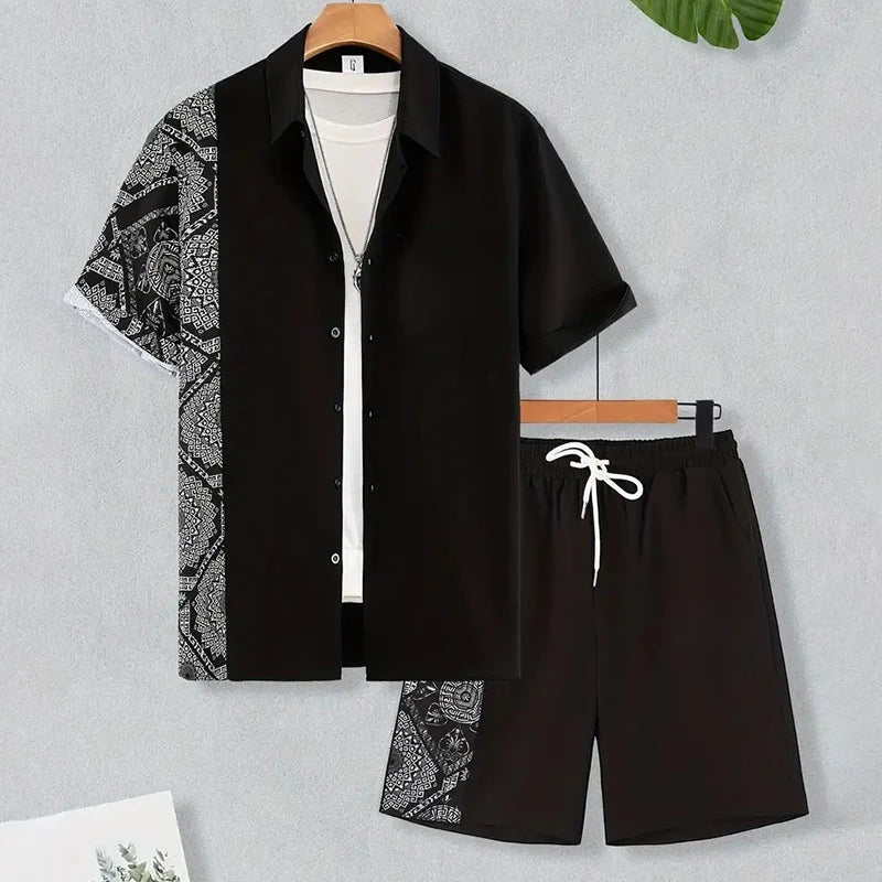 Ensemble 2 Pièces Homme Chemise Manches Courtes Col Cranté Imprimée Boutonnée + Short Cordon Style Hawaïen Beach Rétro Grande Taille – CLEVI Paris