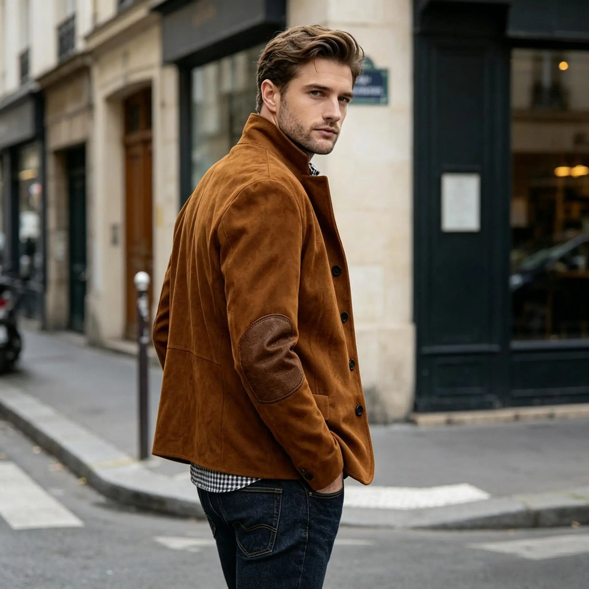 Blazer homme col montant, patchs aux coudes – CLEVI Paris