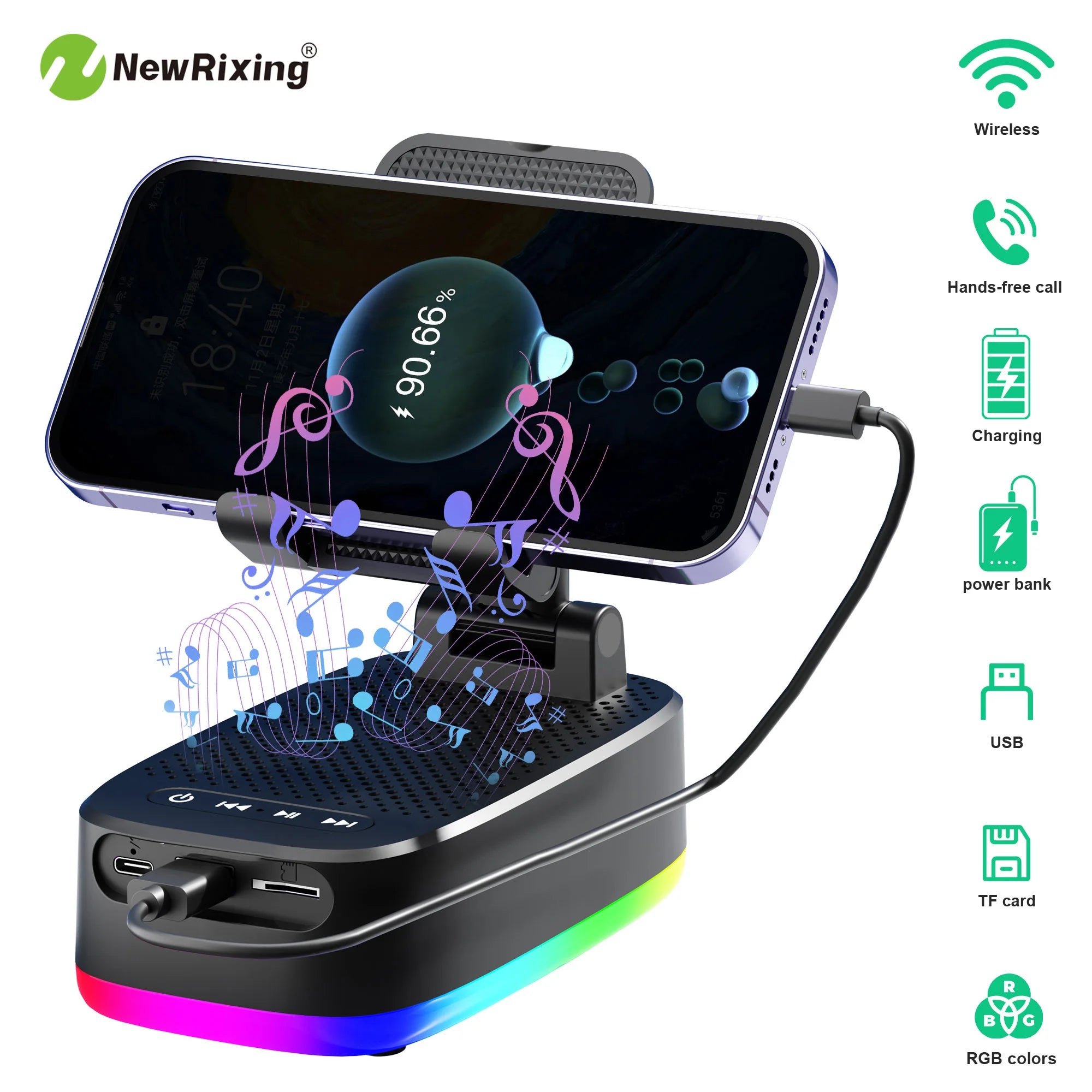 Support Téléphone 3-en-1 – Enceinte Bluetooth, Power Bank 1800mAh, Mains Libres | NewRixing
