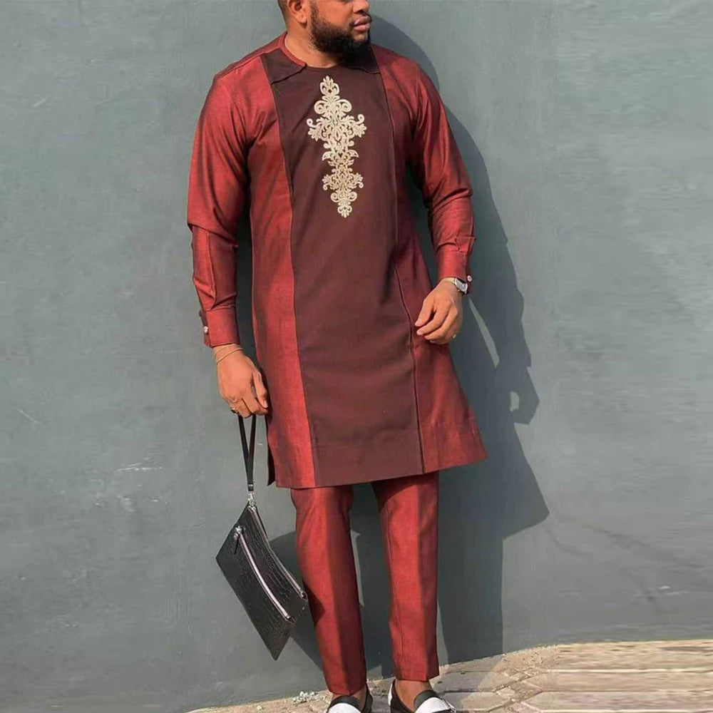 Kaftan Dashiki Homme 2 Pièces Brodé Manches Longues Col Rond + Pantalon Élastique Style Africain Mariage Fête M-4XL – CLEVI Paris