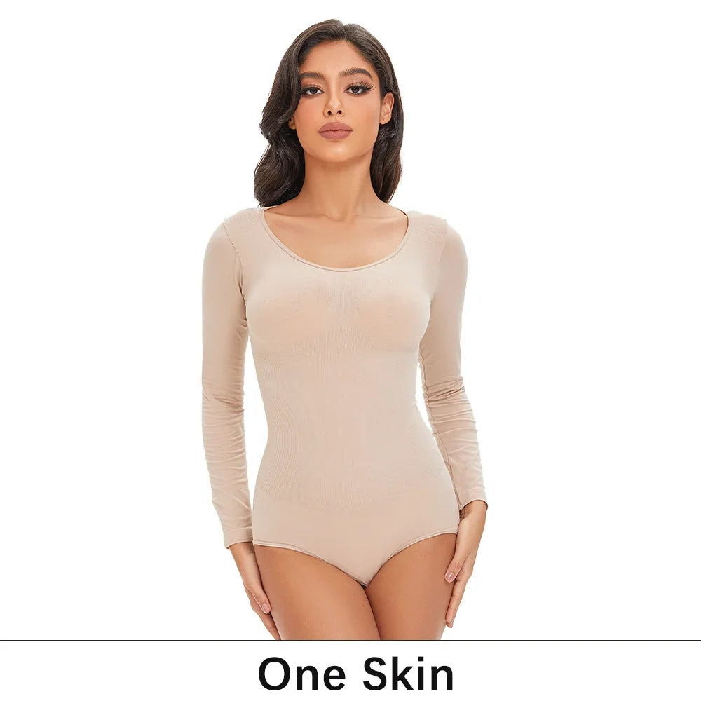 Gaine Gainante Femme Bodysuit Manches Longues Col Rond Sans Couture Contrôle Ferme Entrejambe Ouvert Minceur S-XXL – CLEVI Paris